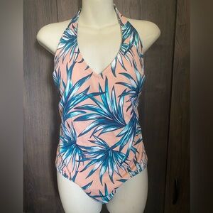 PINK Victoria's Secret Peach One-Piece with Teal & Blue Palm Print very good con
